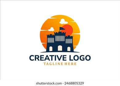 Modern Flat Unique Schloss Logo Vintage mit Sonnenuntergang Hintergrund Logo Vorlage Illustration Design