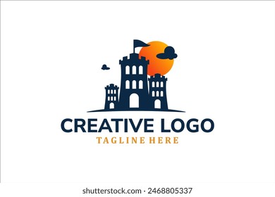 Diseño de ilustración de Plantilla de logotipo de castillo único vintage con fondo de atardecer