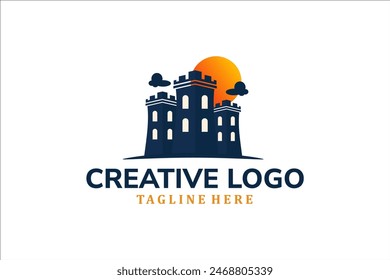 Modern Flat Unique castle logo vintage with sunset background logo template illustration design