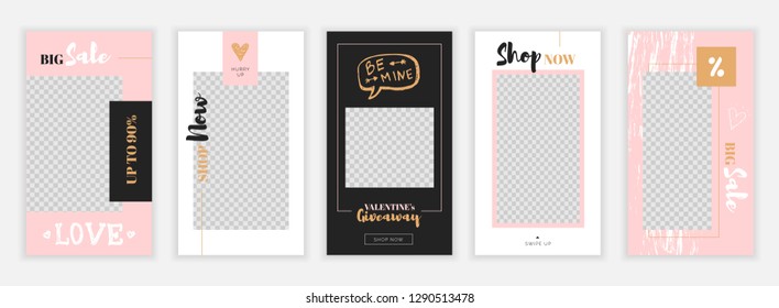 Modern flat Valentine's Day social media  stories template in pink and gold colors, for blog and sales, web online shopping banner concept.Minimalistic geometric trendy sale app screens