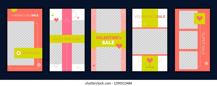 Modern flat Valentine's Day social media  stories template in trendy living coral and lime colors, for blog and sales, web online shopping banner concept.Minimalistic geometric trendy sale app screens