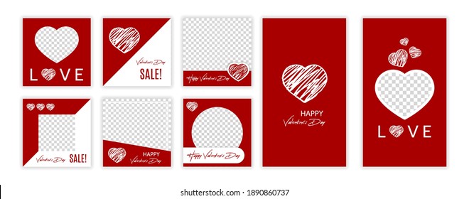 Modern flat Valentine's Day social networks stories and posts template for blog and sales, web online shopping banner concept. Minimalistic trendy sale app screens