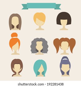 Modern flat vector avatars with female user icons with ribbon for text or name