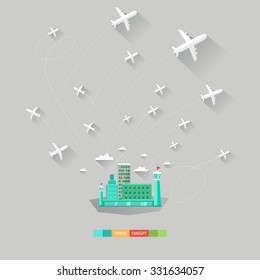 Moderner flacher Vektorhintergrund mit Flughafen und Flugzeugen. Reisekonzept. Gut für Web, mobile Apps, Infografiken.