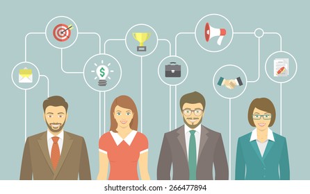 Moderna pancarta vectorial plana de oficinistas en trajes de negocios, jóvenes hombres y mujeres con iconos conceptuales de marketing, publicidad y cooperación. Colaboración empresarial, trabajo en equipo y concepto inicial