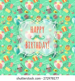 Modern flat vector birthday party background with colorful icons of gift boxes, balloons, cake etc. Invitation or greeting card design with hand drawn blurred emblem and inscription