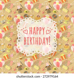 Modern flat vector birthday party background with colorful icons of gift boxes, balloons, cake etc. Invitation or greeting card design with hand drawn blurred emblem and inscription