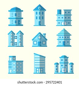 Modern flat vector blue buildings set