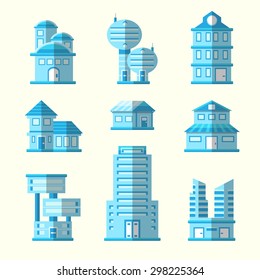 Modern flat vector blue buildings collection