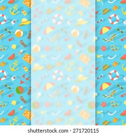 Modern flat vector blurred banner on the conceptual summer vacation background. Beach essentials and nautical icons. Traveling promotional flayer design