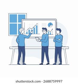 Modern flat vector of business team analyzing data and charts. Perfect for presentations, web design, and corporate projects