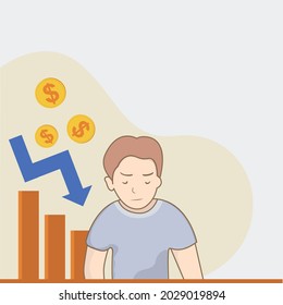 Modern flat vector, businessman illustration, down arrow stock chart. The stock market economy is falling.