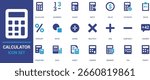 Modern flat vector calculator icons for math, accounting, and statistics. Features symbols for add, subtract, divide, sheet, memory, and tax functions.