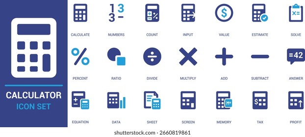 Modern flat vector calculator icons for math, accounting, and statistics. Features symbols for add, subtract, divide, sheet, memory, and tax functions.