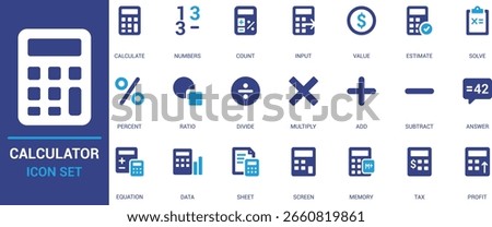Modern flat vector calculator icons for math, accounting, and statistics. Features symbols for add, subtract, divide, sheet, memory, and tax functions.