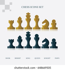 Modern flat vector chess icons set. 
Chess pieces including king, queen, bishop, knight, rook, pawn.