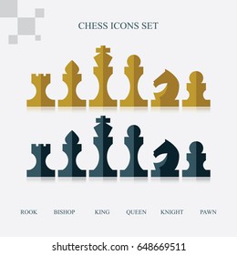 Modern flat vector chess icons set. 
Chess pieces including king, queen, bishop, knight, rook, pawn.