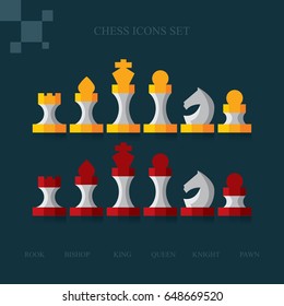 Modern flat vector chess icons set. 
Chess pieces including king, queen, bishop, knight, rook, pawn.