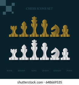 Modern flat vector chess icons set. 
Chess pieces including king, queen, bishop, knight, rook, pawn.