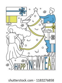Modern flat vector Christmas illustration with people and a Christmas tree. Line art.