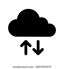 Modern flat vector cloud synchronization icon featuring upload and download arrows representing cloud storage, file transfer, backup, synchronization, and data exchange. Perfect for cloud computing platforms, SaaS products, mobile apps, software interfaces, websites, dashboards, presentations, infographics, and UI design.