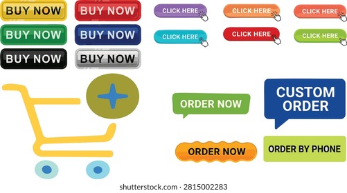 Modern flat vector collection featuring colorful call to action buttons including Buy Now, Order Now, Click Here, Custom Order, Order by Phone, and shopping cart icons. Perfect for e-commerce websites, online stores, mobile apps, landing pages, UI and UX design, digital marketing, web interfaces, banners, and promotional materials. #CTAButtons #CallToAction #BuyNow #OrderNow #ClickHere #ShoppingCart #Ecommerce #OnlineStore #WebDesign #UIDesign #UXDesign #AppDesign #Checkout #AddToCart #Marketing #DigitalMarketing #WebsiteElements #ButtonSet #FlatVector #VectorIllustration #EditableVector #GraphicElements #UIKit #InterfaceDesign #ShoppingIcons