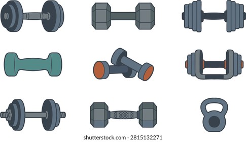 Modern flat vector collection featuring dumbbells, kettlebells, barbells, and fitness equipment icons in various styles. Perfect for gym branding, fitness apps, workout guides, sports websites, personal training, bodybuilding, home gym, CrossFit, strength training, health and wellness projects, infographics, and editorial design. #Dumbbell #Kettlebell #GymEquipment #Fitness #Workout #Weightlifting #StrengthTraining #Bodybuilding #HomeGym #Exercise #FreeWeights #Barbell #ResistanceTraining #CrossFit #PersonalTraining #FitnessIcons #SportsIcons #HealthAndFitness #FlatVector #VectorIllustration #EditableVector #FitnessDesign #GymIcons #WorkoutEquipment #Wellness