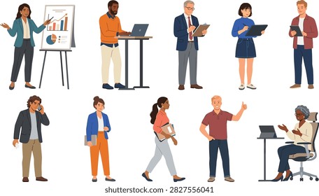 A modern flat vector collection featuring diverse business professionals engaged in presentations, teamwork, communication, meetings, technology, and workplace activities. Ideal for corporate websites, business presentations, HR materials, company reports, consulting services, and professional marketing designs.