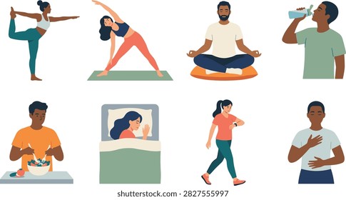 A modern flat vector collection showing healthy lifestyle activities including yoga, meditation, hydration, healthy eating, restful sleep, walking, exercise, and mindful breathing. Ideal for wellness websites, fitness apps, health campaigns, healthcare education, blogs, posters, and lifestyle branding.