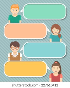 Modern flat vector colorful infographics elements with happy smiling boys and girls telling some information by speech bubbles with empty space for text