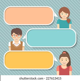 Modern flat vector colorful infographics elements with happy smiling kids telling some information by speech bubbles with empty space for text