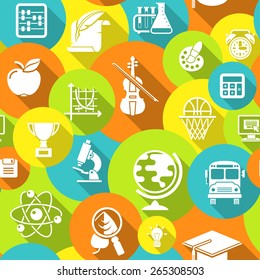 Modern flat vector colorful seamless pattern with white silhouette educational icons of school subjects and concepts in circles. Ready for making wallpaper, textile printing, endless background