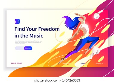 Modern flat vector concept digital illustration on the theme of Listening to Music, Dancing woman, Enjoy life, Motivation, Creative process.
