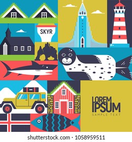 Modern flat vector concept with Icelandic symbols. Black church, blue lagoon, hakarl, icelandic house, glacier and other design elements. Unique design for travel to Iceland poster, banner, flayer. 