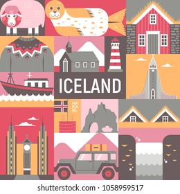 Modern flat vector concept with Icelandic symbols. Black church,  hakarl, turf house, Hallgrimskirkja, Akureyrarkirkja, Hvítserkur. Unique design for travel to Iceland poster, banner, flayer, postcard