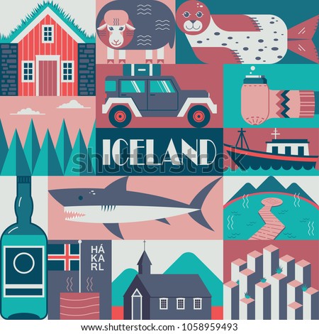 Modern flat vector concept with Icelandic symbols. Black church, blue lagoon, hakarl, icelandic house, glacier and other design elements. Unique design for travel to Iceland poster, banner, flayer. 