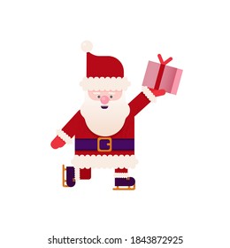 Modern Flat Vector Concept Illustration of Cheerful Santa Claus on Skates with Pink Gift on Isolated Background. Happy New Year and Merry Christmas.