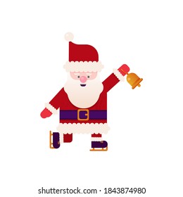 Modern Flat Vector Concept Illustration of Cheerful Santa Claus on Skates with Golden Bell on Isolated Background. Happy New Year and Merry Christmas.