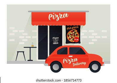 Ilustraciones modernas de concepto de vectores planos. Branding Red Car Delivery en Frente del Restaurante Pizza. Al estilo italiano. Afiche de precios muy altos.