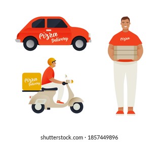 Modern Flat Vector Concept Illustrations. Pizza Delivery Concept. Delivery Guy, Transportation by Car and Scooter.