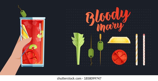 Modern Flat Vector Concept Illustrations. Hand Holding Cocktail. Funny Quote. Ingredients. Poster Concept. Web Banner. 