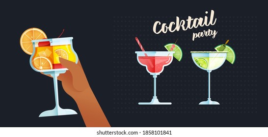 Modern Flat Vector Concept Illustrations. Hand Holding Cocktail. Funny Quote. Kinds of Drinks. Poster Concept. Web Banner. 