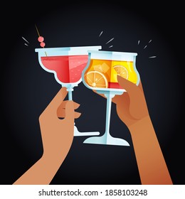 Modern Flat Vector Concept Illustrations. Social Media Ads With Hands Holding Cocktails. Celebration. Cheers. Poster Concept. Web Banner. 