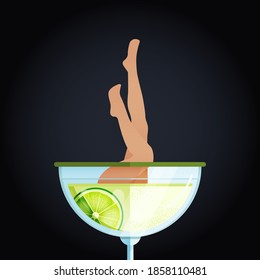 Modern Flat Vector Concept Illustrations. Social Media Ads with Cocktail and Beautiful Legs Appear From Glass Against Dark Background Poster Concept. Web Banner.