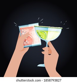Modern Flat Vector Concept Illustrations. Social Media Ads with Hands Holding Cocktails. Celebration. Cheers. Poster Concept. Web Banner. 