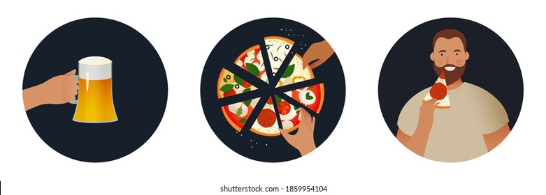 Ilustraciones modernas de concepto de vectores planos. Anuncios de medios sociales. Mano sujete el vaso de cerveza. Un tipo de rodajas de pizza con manos. Feliz cliente con pizza. Plantilla de sitio web.