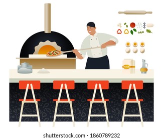 Modern Flat Vector Concept Illustrations. Chef Put Pizza into the Oven in the Restaurant. Delicious Ingredients. Rolling Pin, Eggs, Olive Oil, Flour.