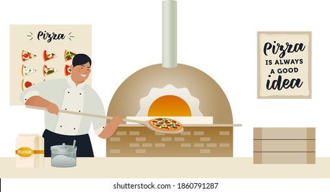 Modern Flat Vector Concept Illustrations. Chef Put Pizza into the Oven in the Restaurant. Delicious Ingredients. Menu Design. Funny Quote in the Frame. Cardboard Boxes.