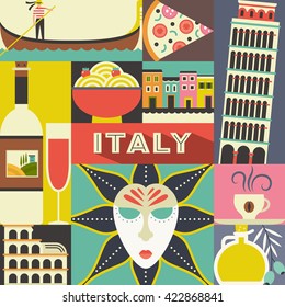 Modern flat vector concept with Italian symbols. Coliseum, masquerade masque, gondola and other Italy design elements. Unique design for travel to Italy poster.