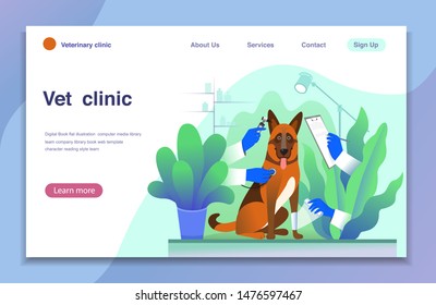 Modern flat vector concept  for landing page. Dog treatment metaphor in vet clinic,- dog and hands wearing gloves  with a stethoscope , with clipboard, and bandag. Veterinary service, pharmacy.